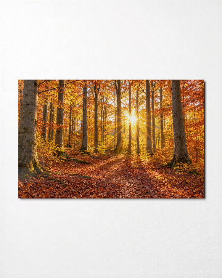 Gold Leaves Underfoot glass wall art, front view
