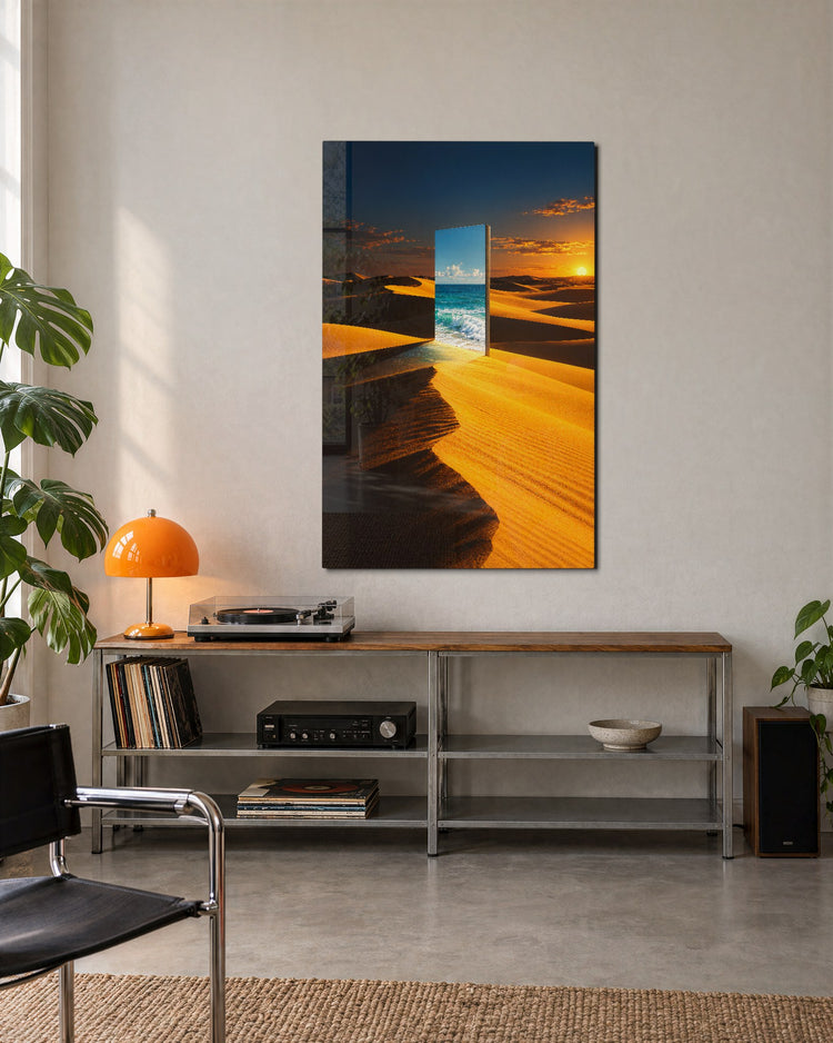 Exit to the Sea glass wall art, lifestyle view
