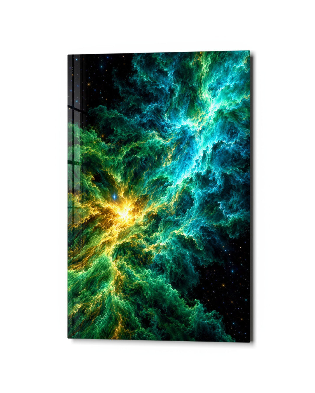 Gas Clouds, Golden Heart glass wall art, studio view