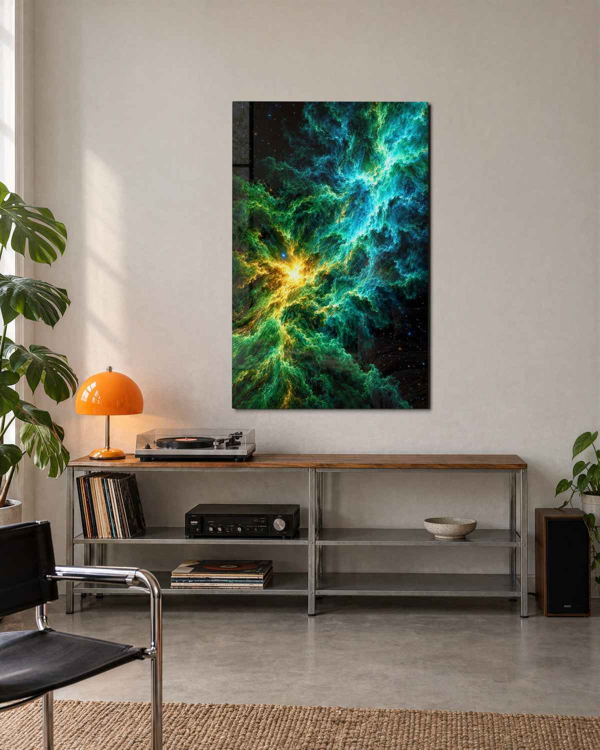Gas Clouds, Golden Heart glass wall art, lifestyle view