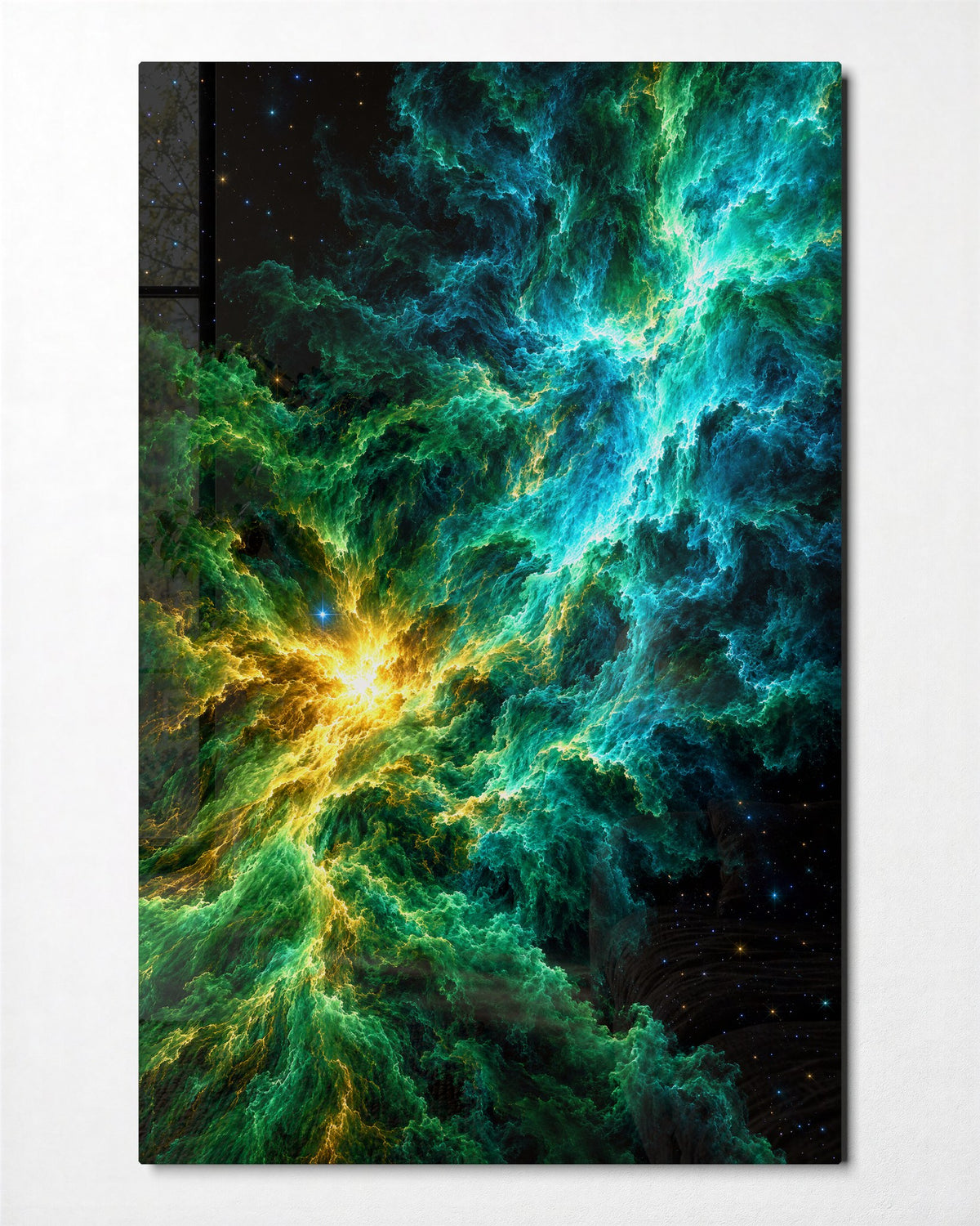 Gas Clouds, Golden Heart glass wall art, front view