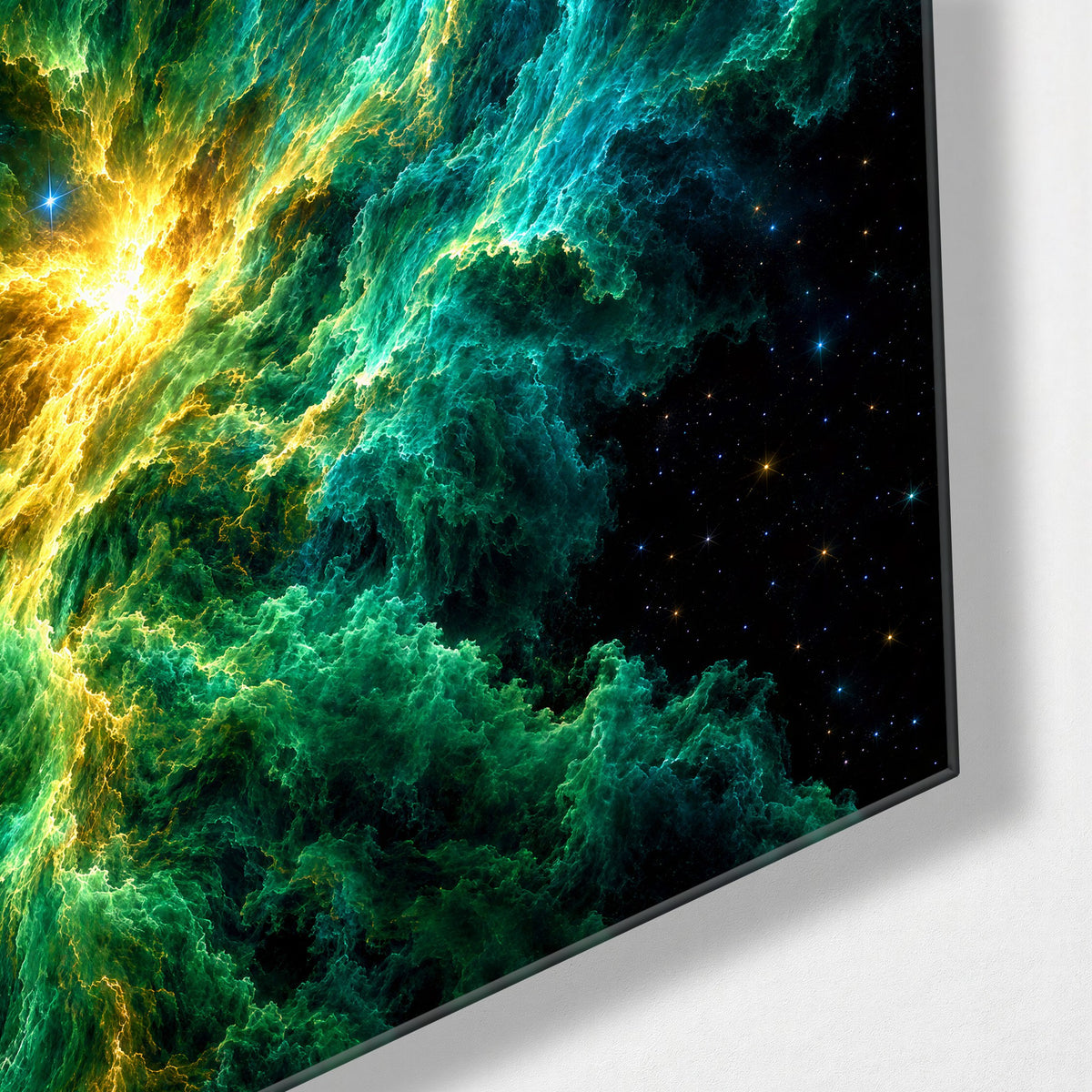 Gas Clouds, Golden Heart glass wall art, corner view