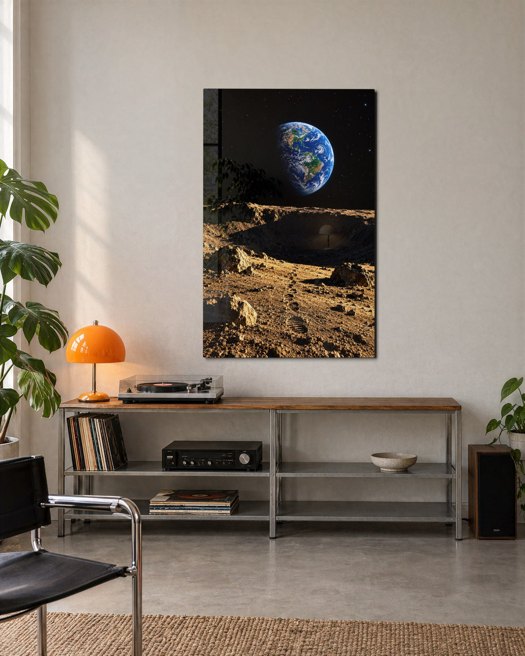 Footprints, Moon Dust glass wall art, lifestyle view