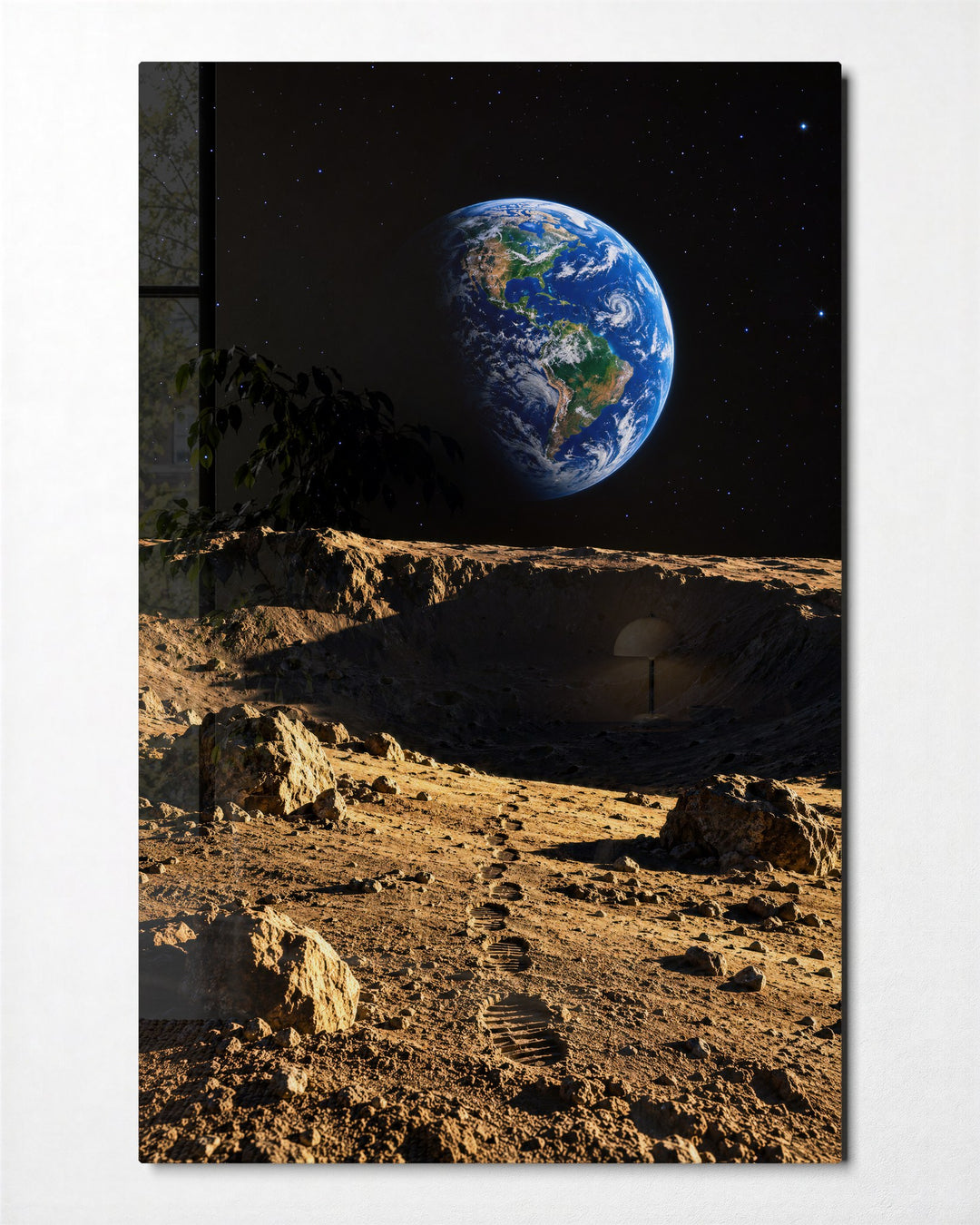 Footprints, Moon Dust glass wall art, front view