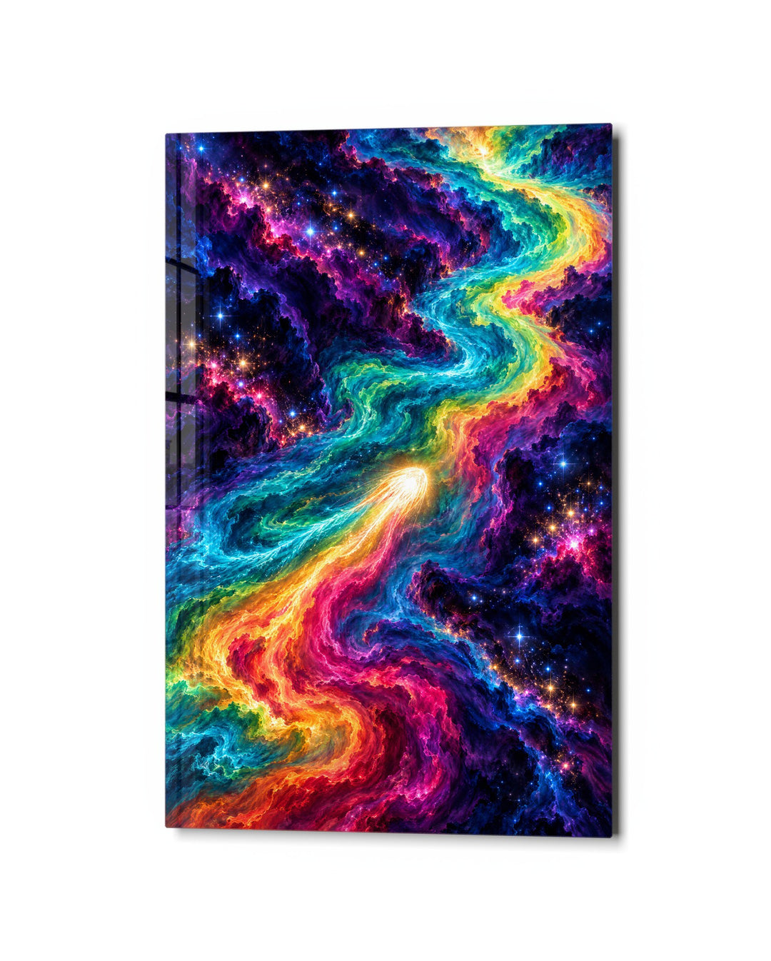Colors Racing the Cosmos glass wall art, studio view