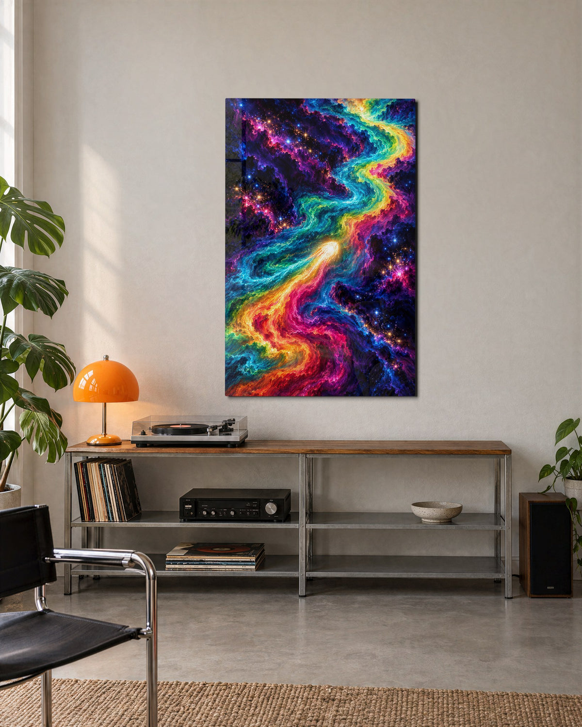 Colors Racing the Cosmos glass wall art, lifestyle view