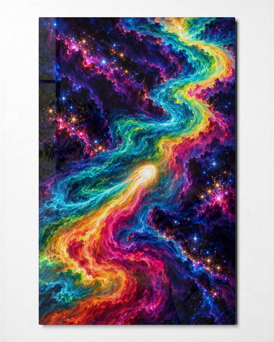 Colors Racing the Cosmos glass wall art, front view
