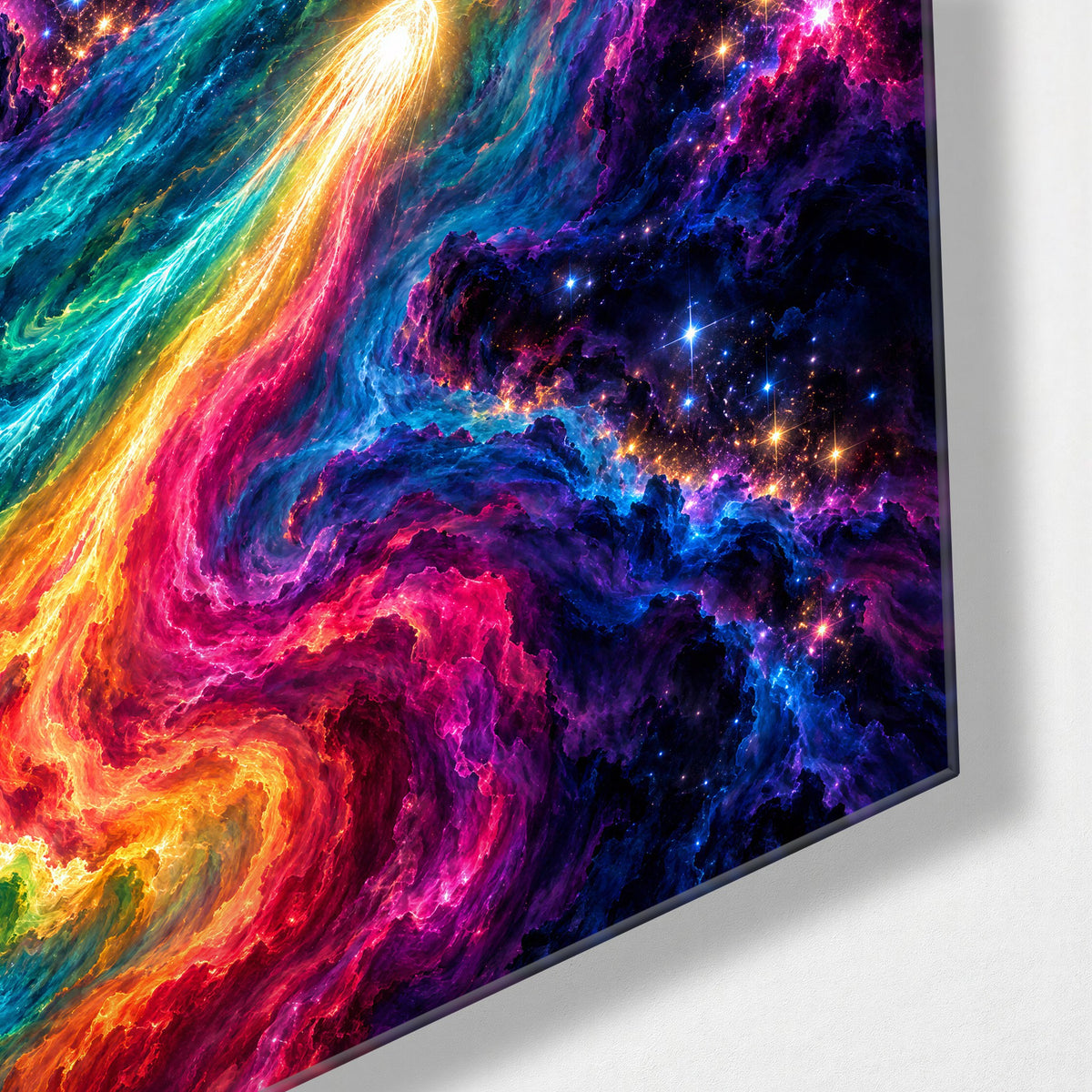 Colors Racing the Cosmos glass wall art, corner view