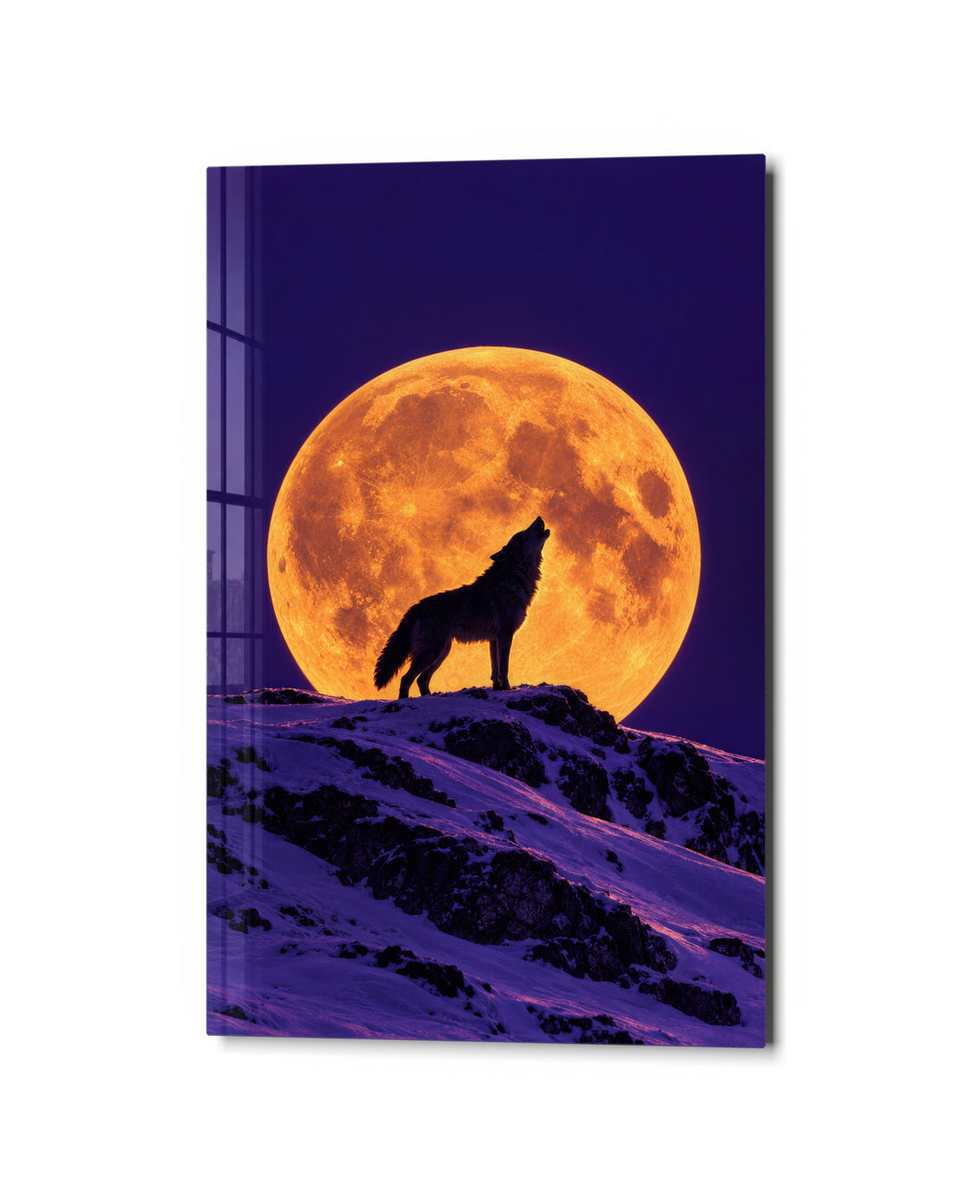 Howl on the Snowy Ridge glass wall art, studio view