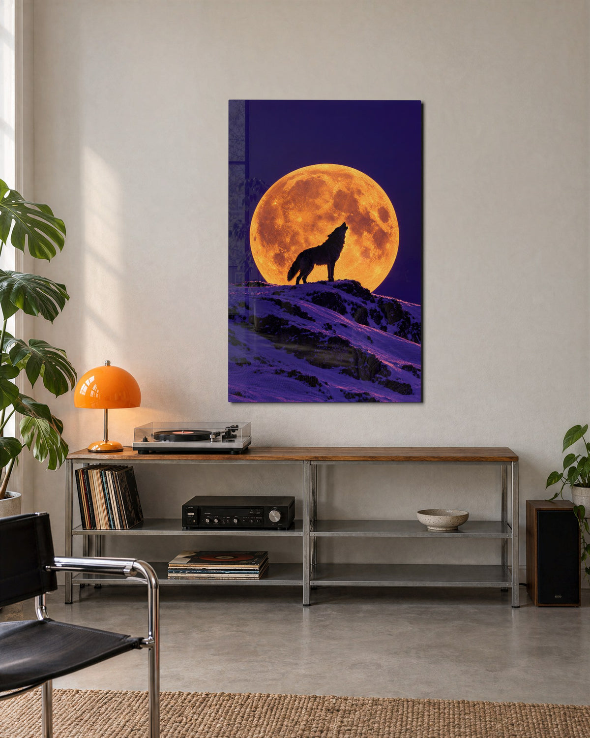Howl on the Snowy Ridge glass wall art, lifestyle view