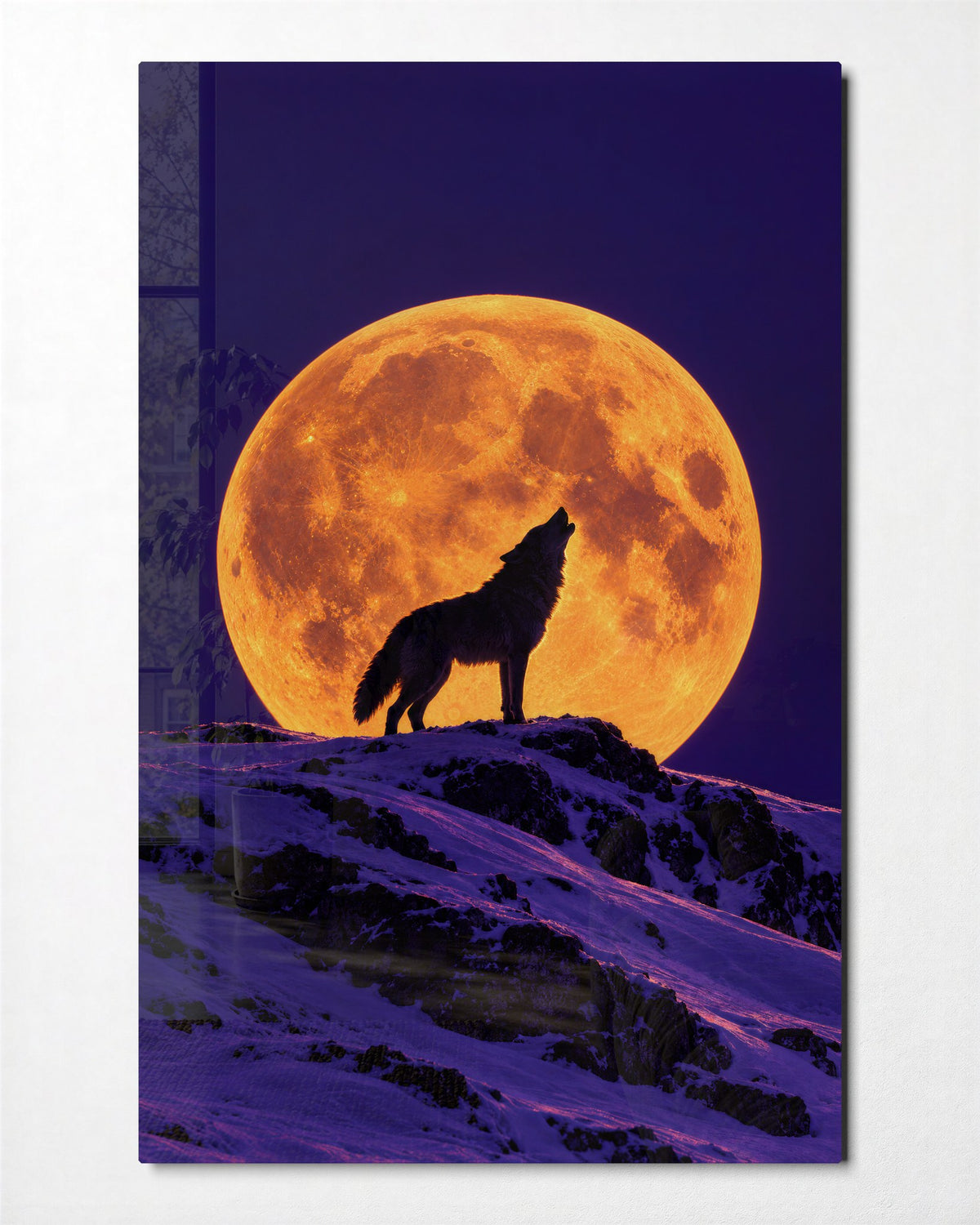 Howl on the Snowy Ridge glass wall art, front view