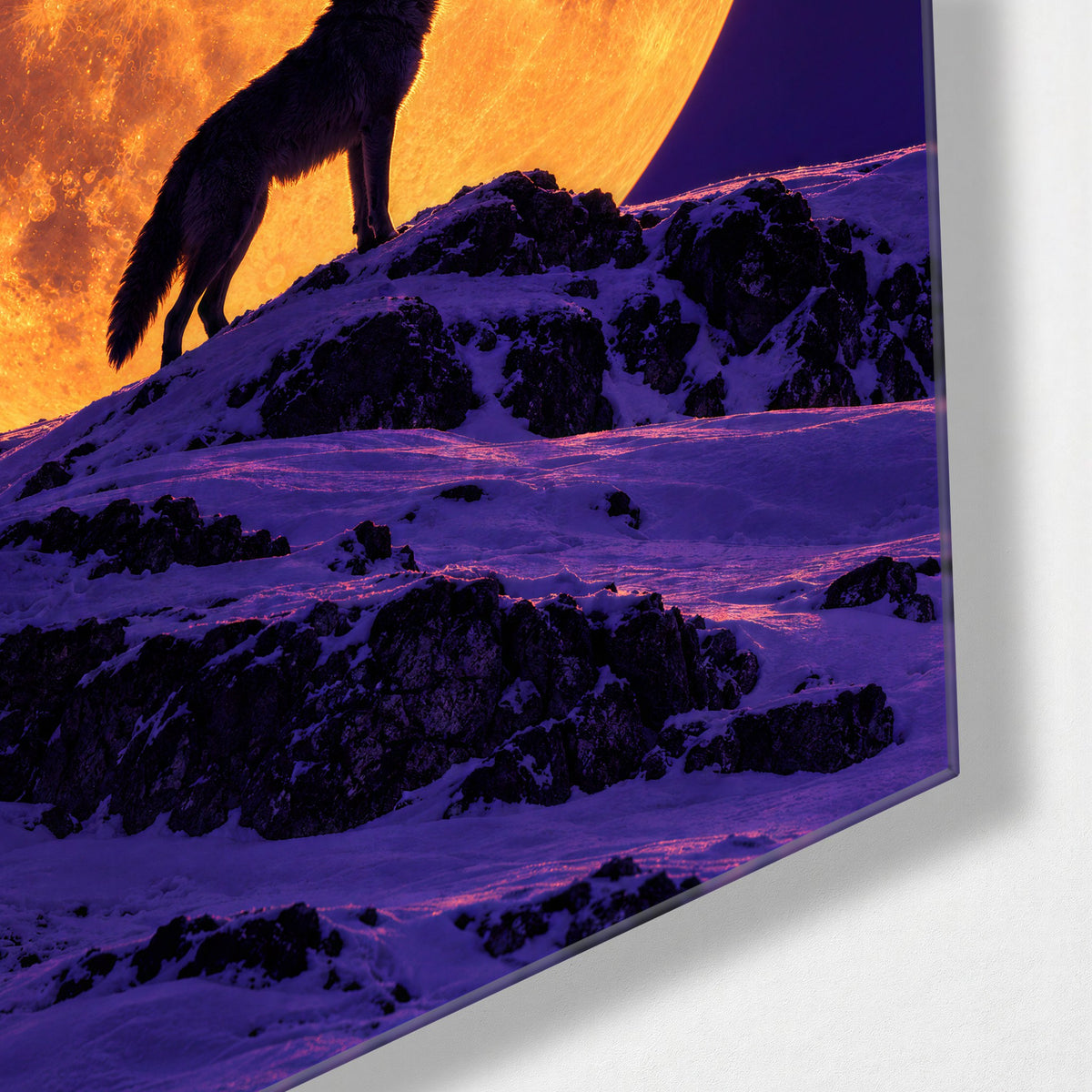 Howl on the Snowy Ridge glass wall art, corner view