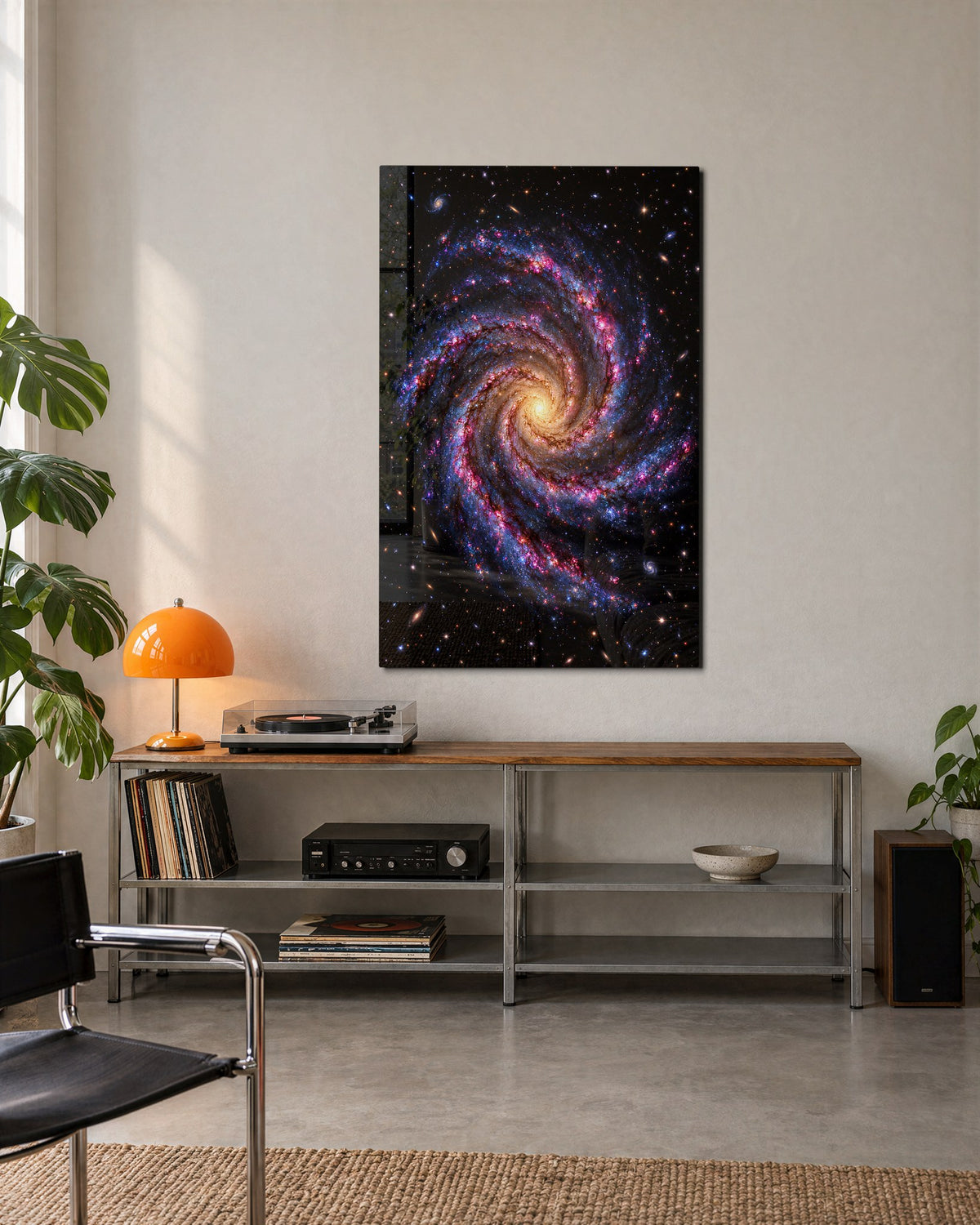 A Galaxy Takes Its Time glass wall art, lifestyle view