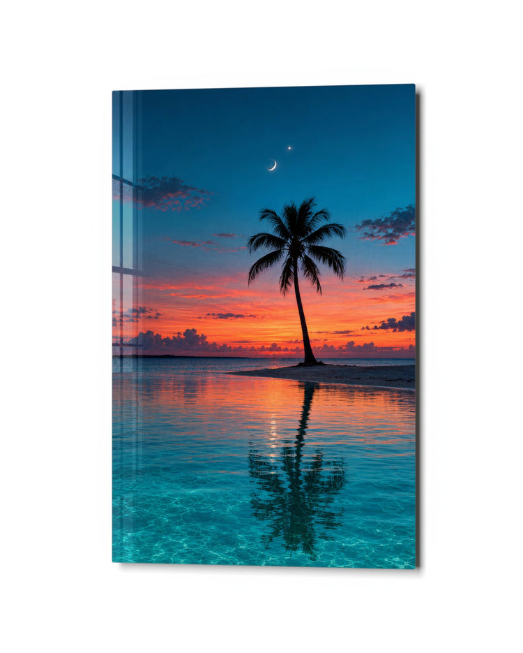 One Palm, One Thin Moon glass wall art, studio view