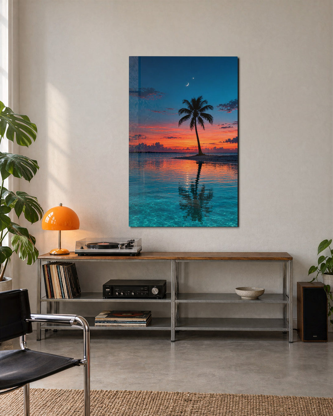 One Palm, One Thin Moon glass wall art, lifestyle view