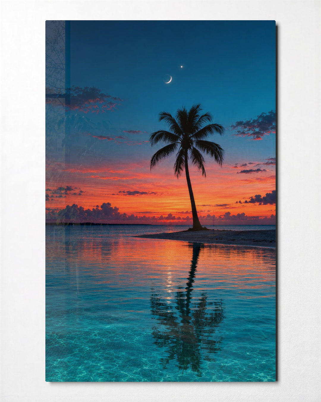 One Palm, One Thin Moon glass wall art, front view