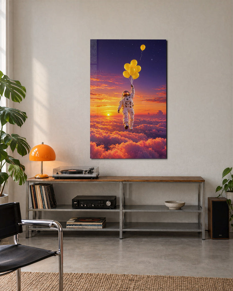 Spaceman Holding On glass wall art, lifestyle view