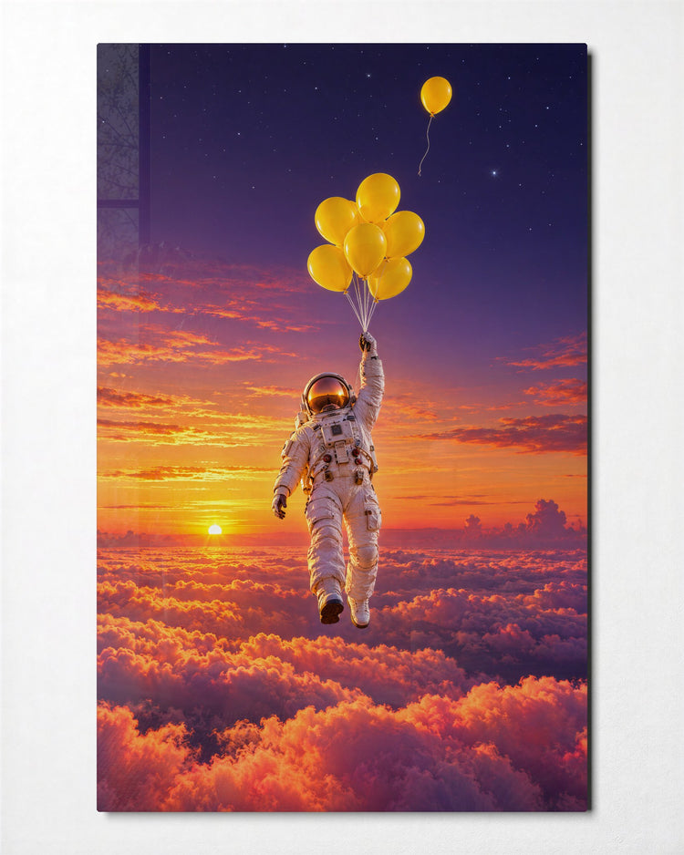 Spaceman Holding On glass wall art, front view
