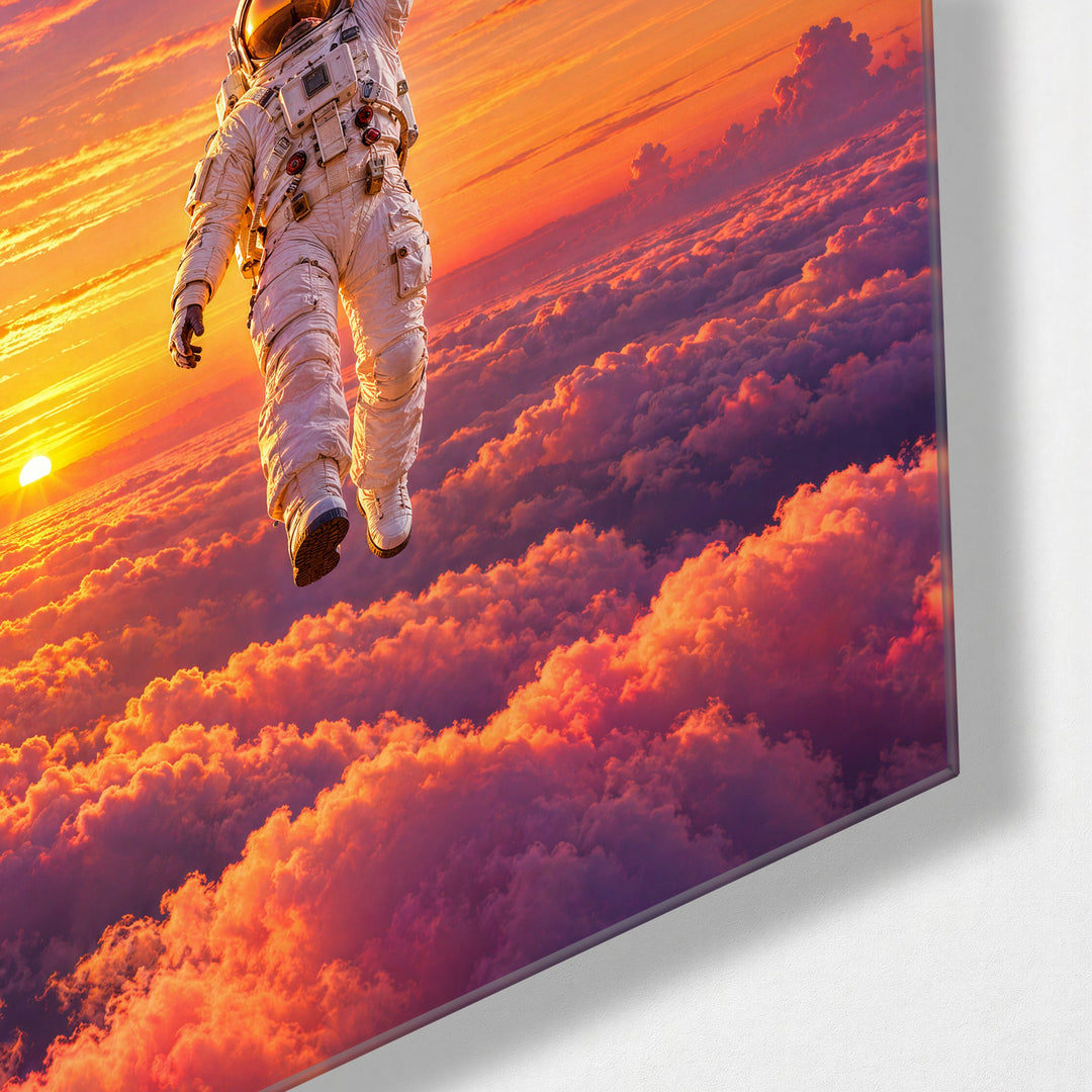 Spaceman Holding On glass wall art, corner view
