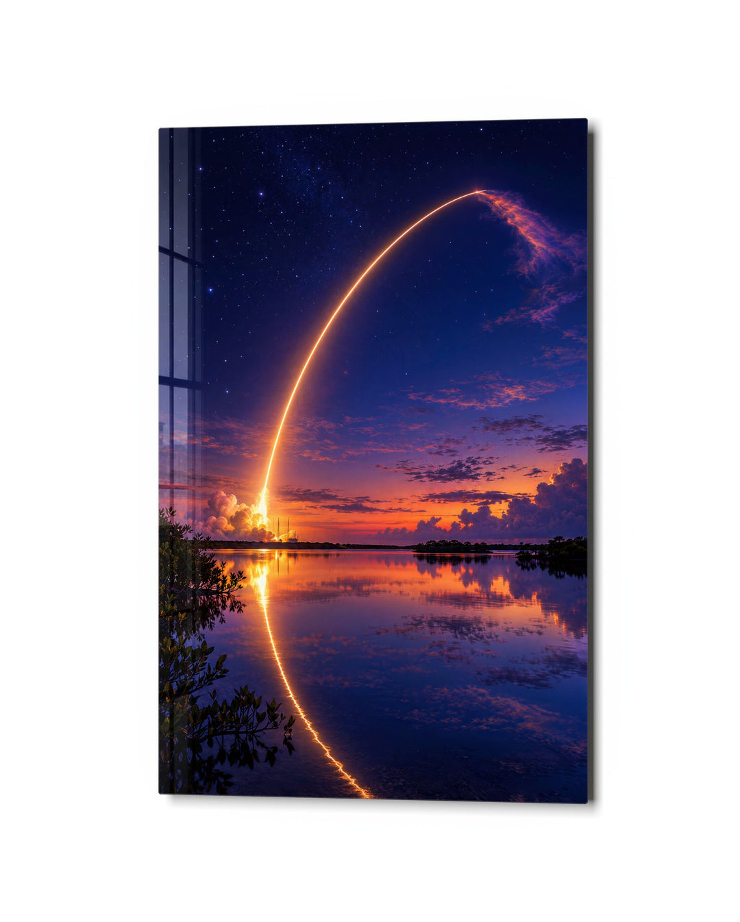 Lift-Off at Twilight glass wall art, studio view