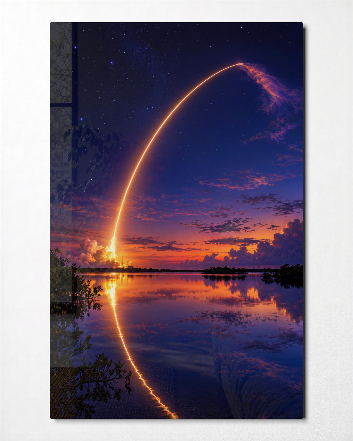 Lift-Off at Twilight glass wall art, front view