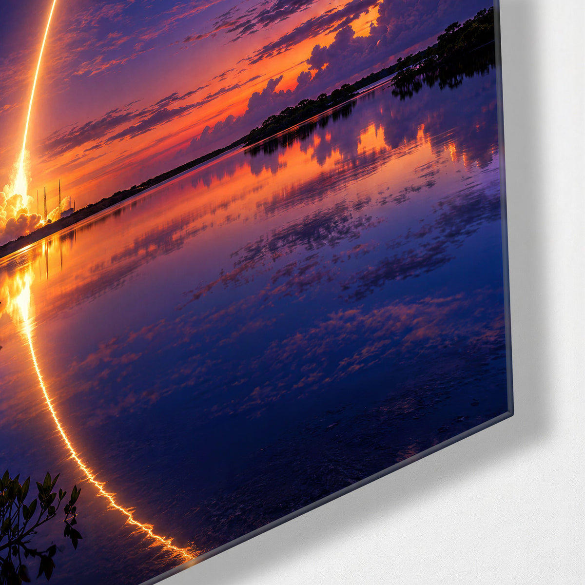 Lift-Off at Twilight glass wall art, corner view