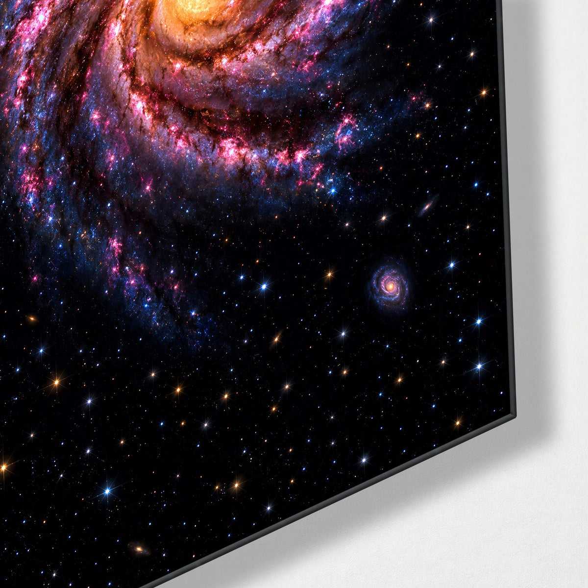 Spiral Arms of Pink glass wall art, corner view