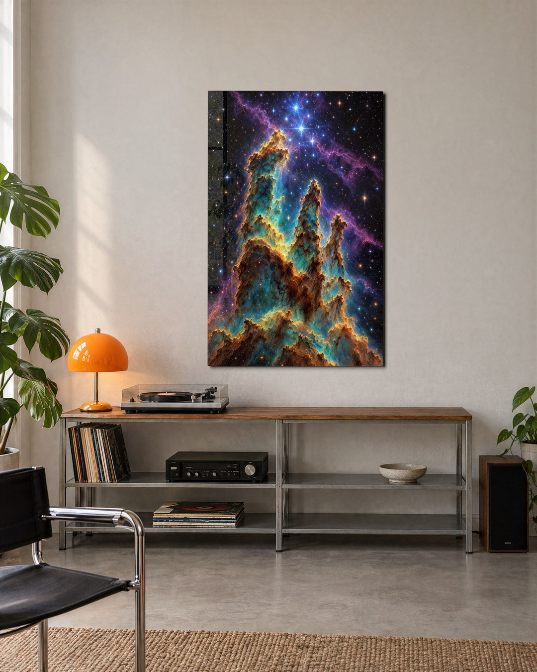 Dust Towers, Blue Stars glass wall art, lifestyle view