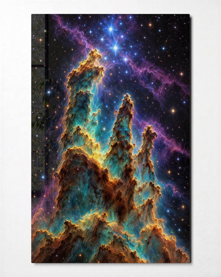 Dust Towers, Blue Stars glass wall art, front view