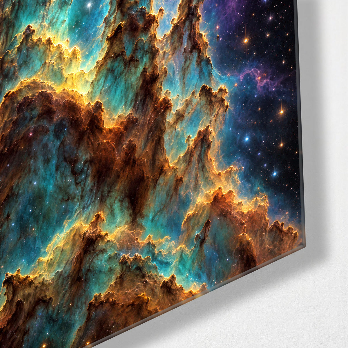 Dust Towers, Blue Stars glass wall art, corner view
