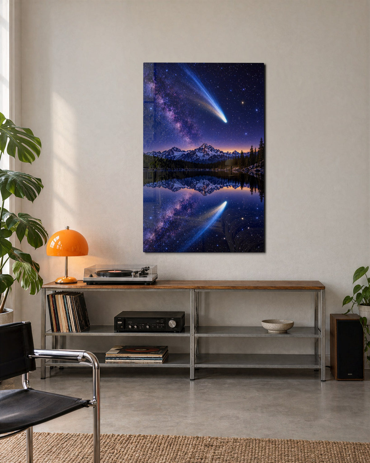 Blue Streak Over the Water glass wall art, lifestyle view