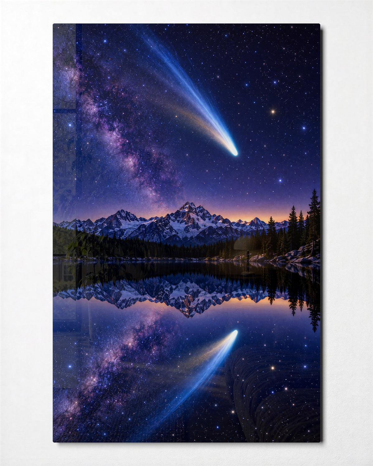 Blue Streak Over the Water glass wall art, front view