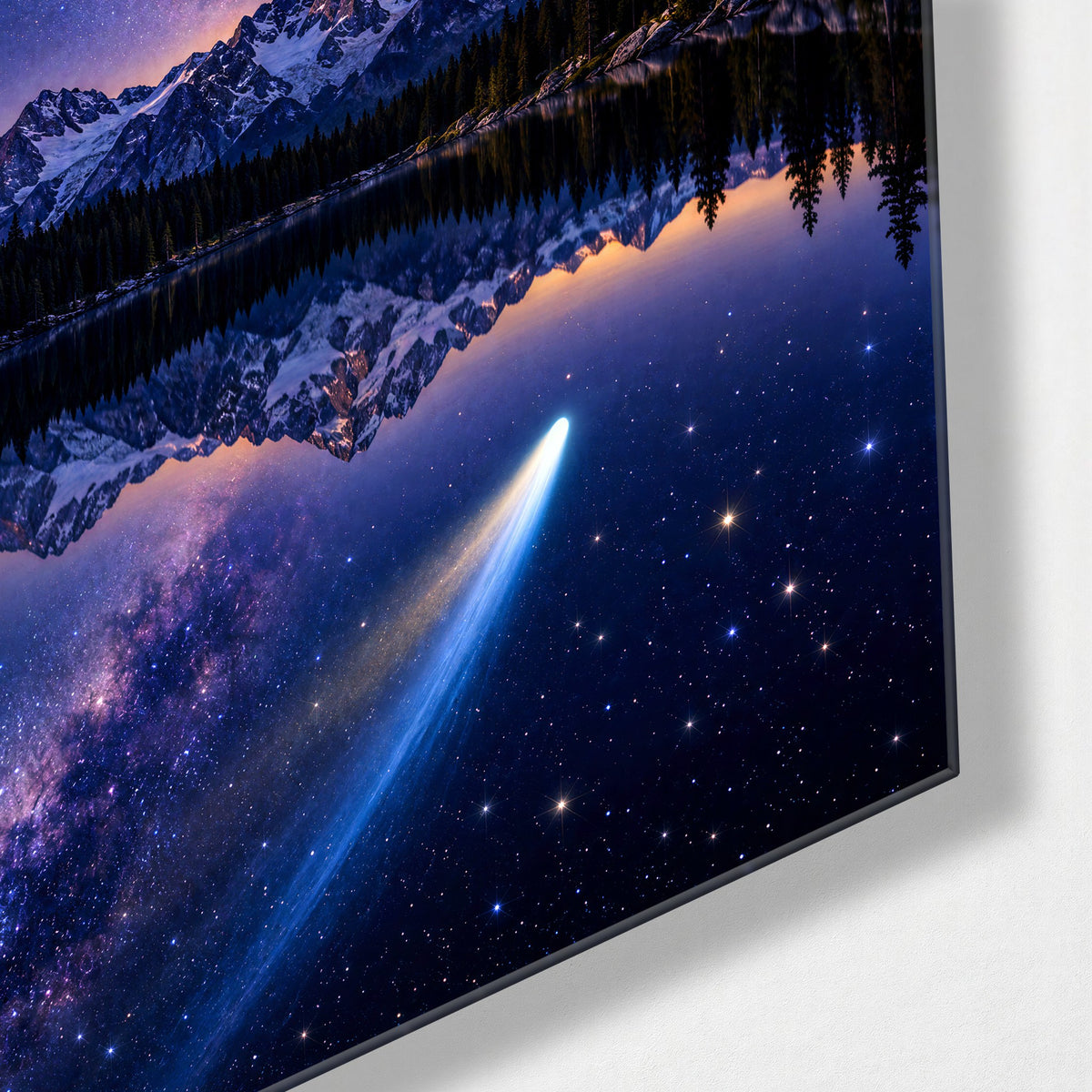 Blue Streak Over the Water glass wall art, corner view