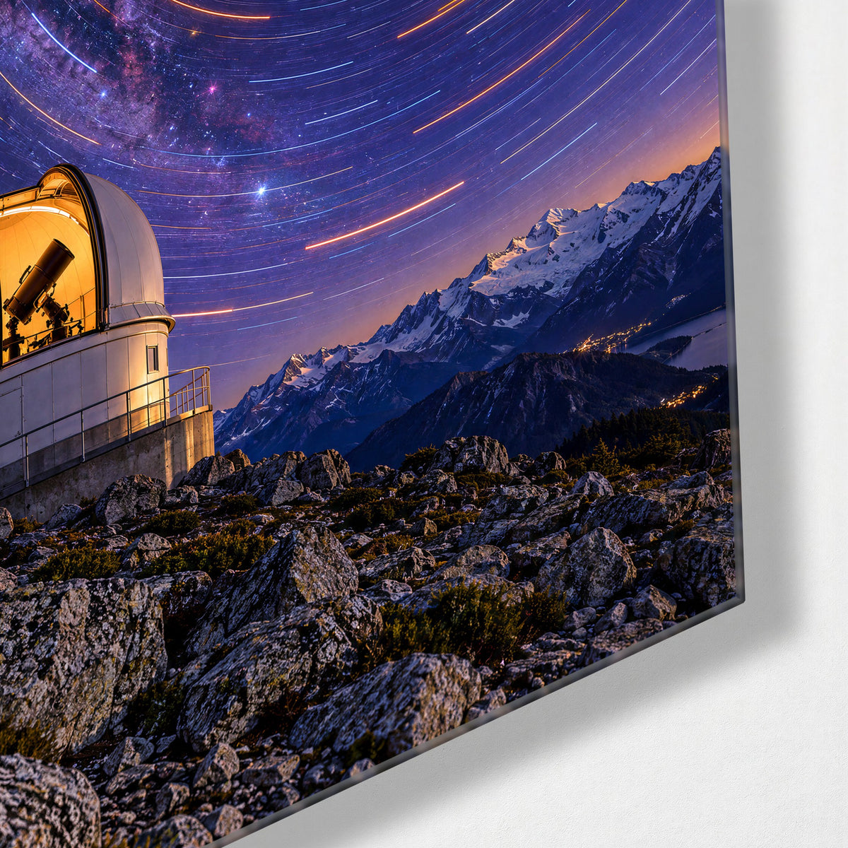 Domes and Star Circles glass wall art, corner view
