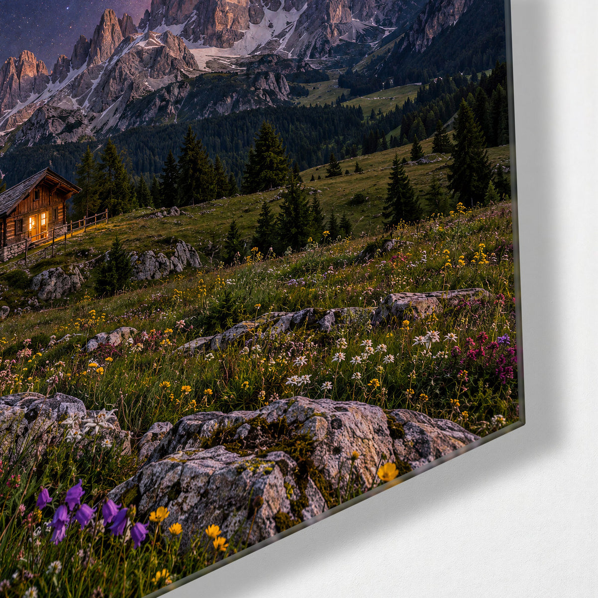 Cabin Lights, Starry Band glass wall art, corner view