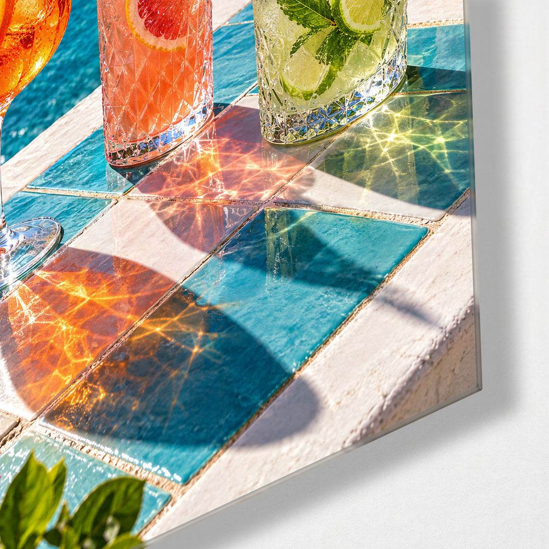 Round of Cold Ones glass wall art, corner view