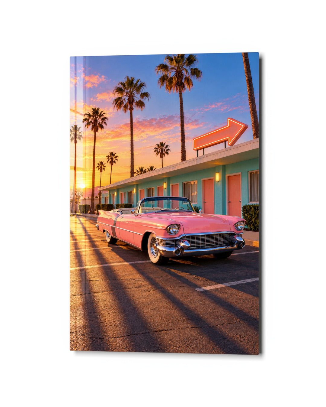 Check-In, Rose Roadster glass wall art, studio view