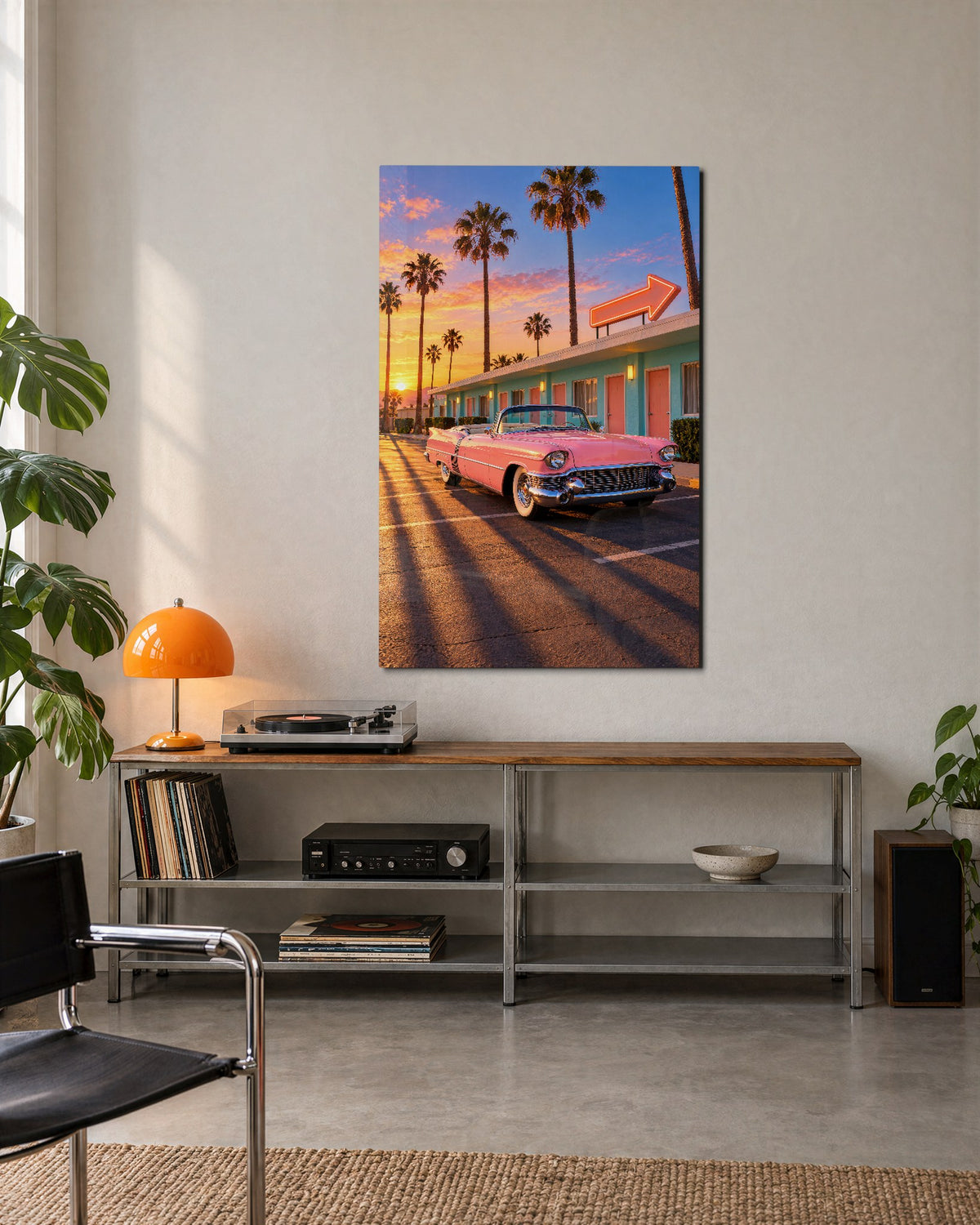 Check-In, Rose Roadster glass wall art, lifestyle view