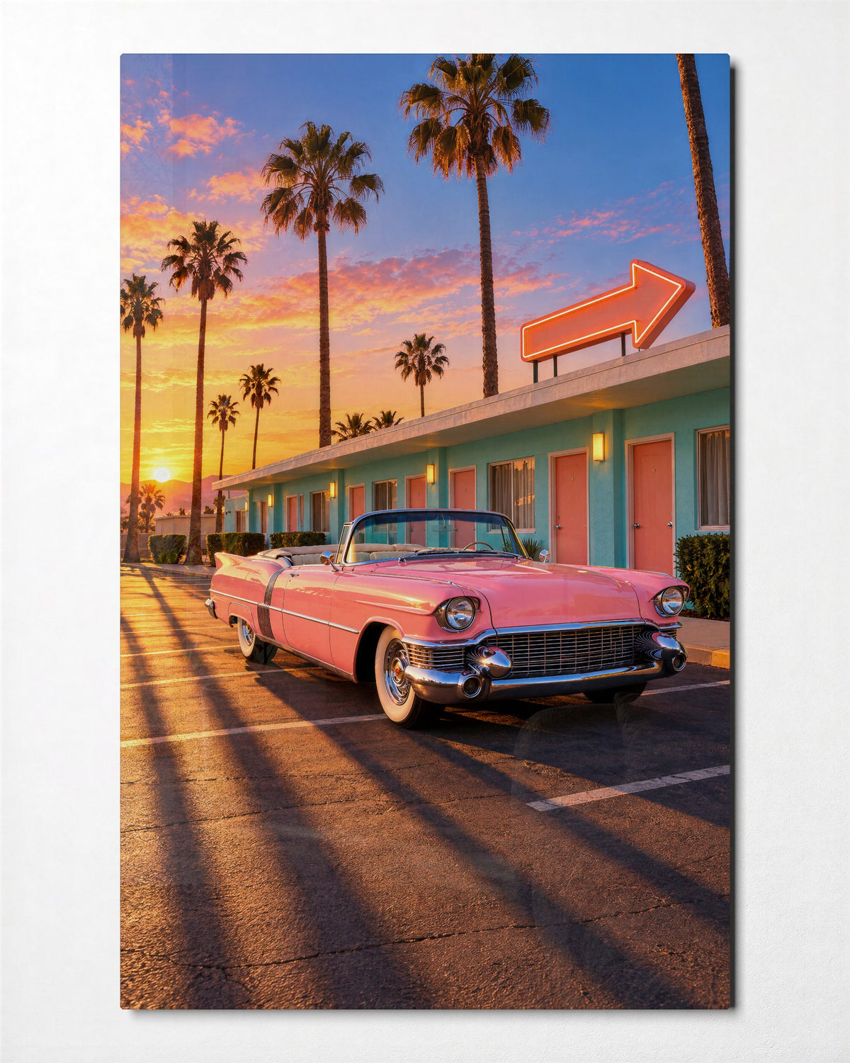 Check-In, Rose Roadster glass wall art, front view