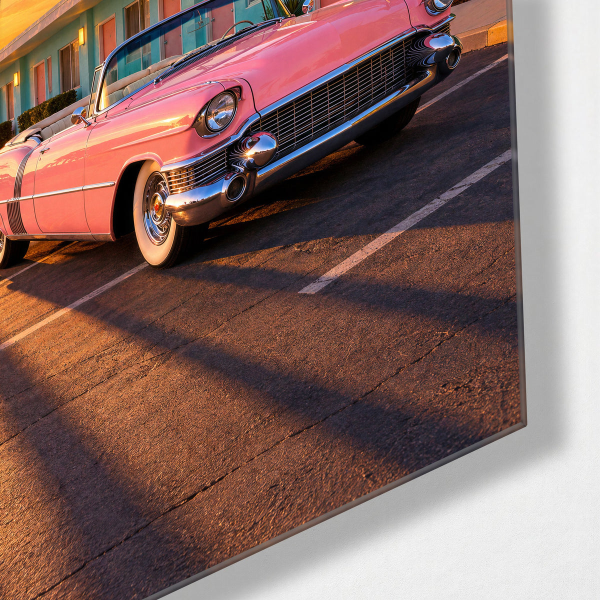 Check-In, Rose Roadster glass wall art, corner view