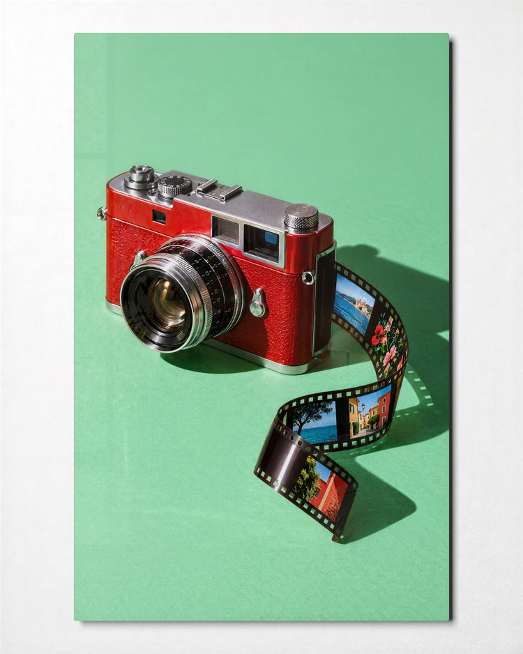 Shutter and Curled Film glass wall art, front view
