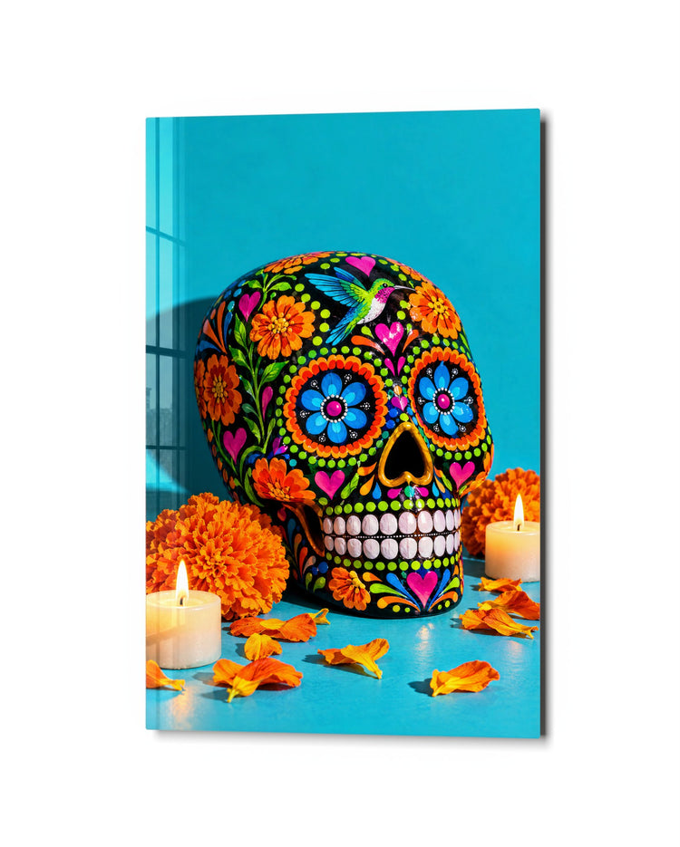Day of the Dead, Turquoise glass wall art, studio view