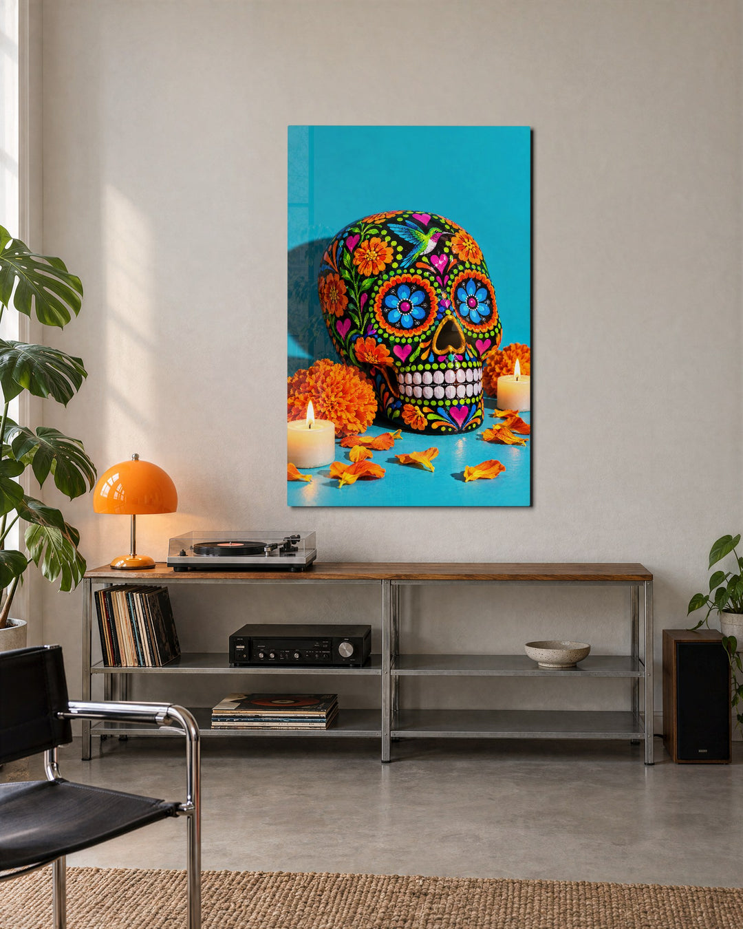 Day of the Dead, Turquoise glass wall art, lifestyle view