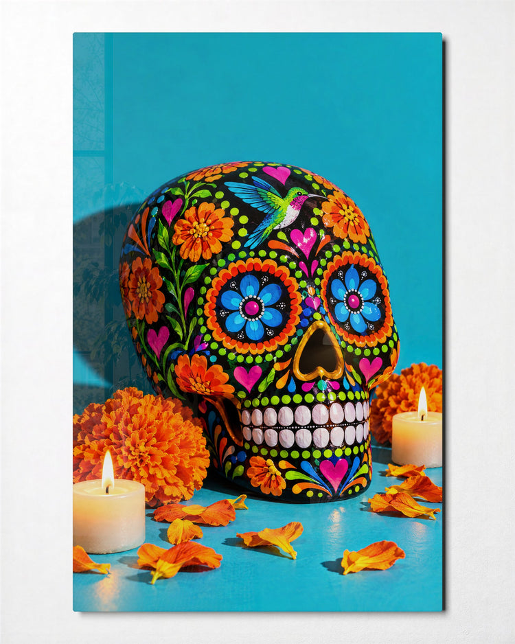 Day of the Dead, Turquoise glass wall art, front view