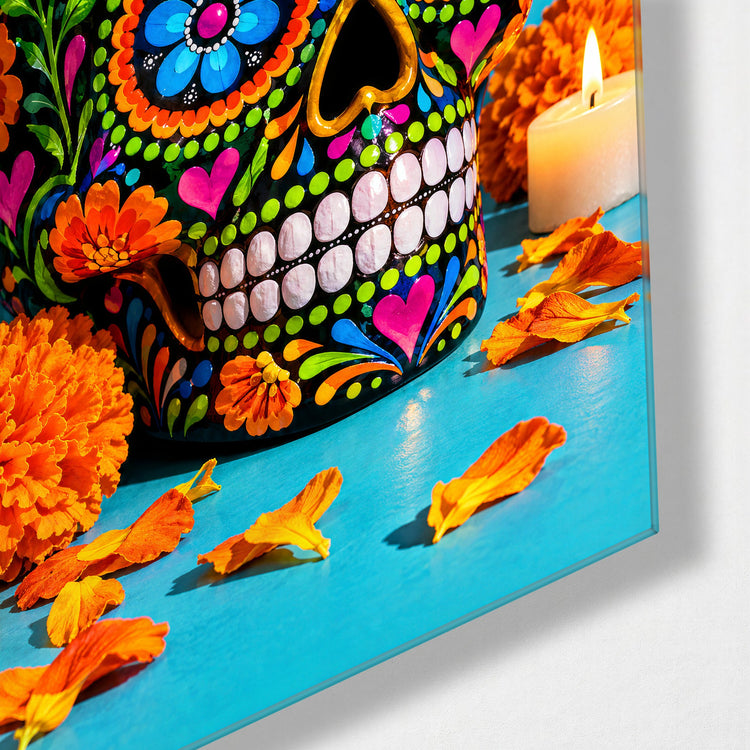 Day of the Dead, Turquoise glass wall art, corner view