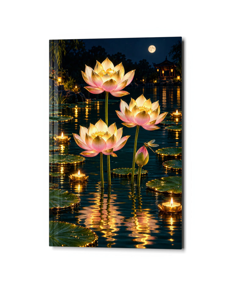 Candles on a Black Pond glass wall art, studio view