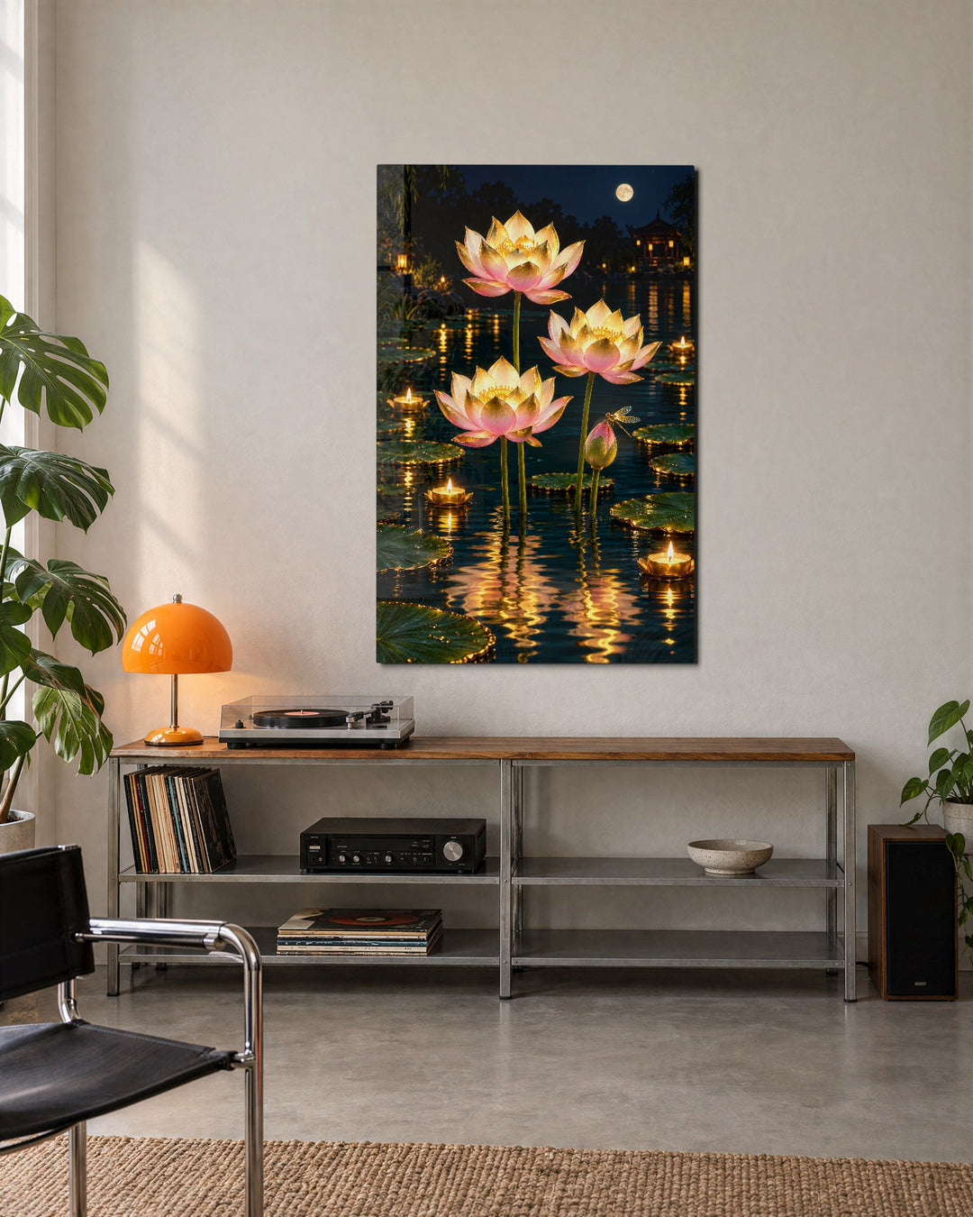 Candles on a Black Pond glass wall art, lifestyle view