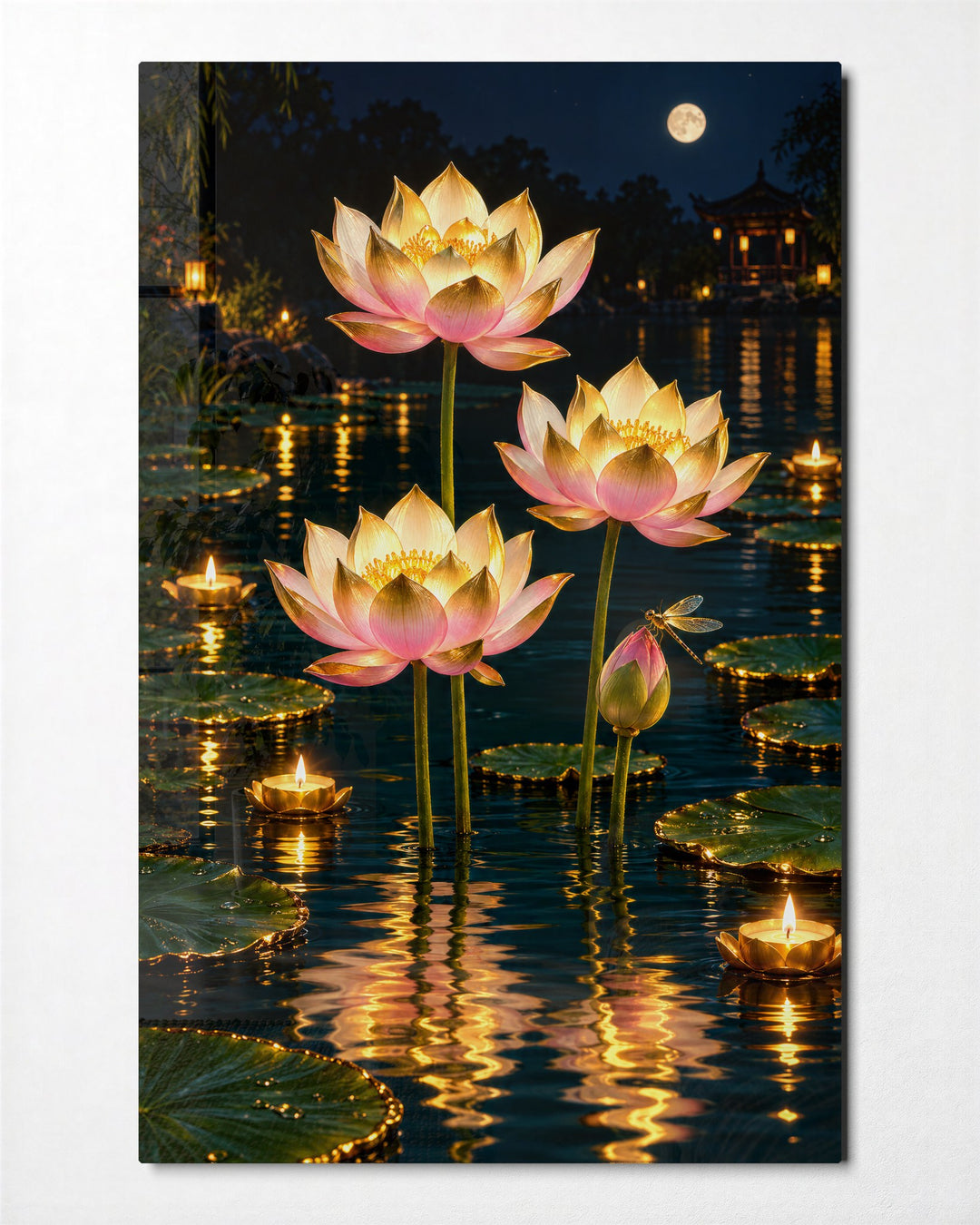 Candles on a Black Pond glass wall art, front view