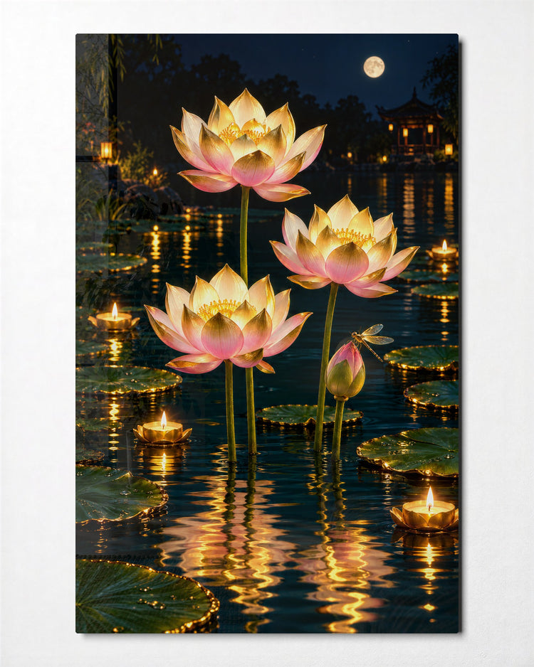 Candles on a Black Pond glass wall art, front view