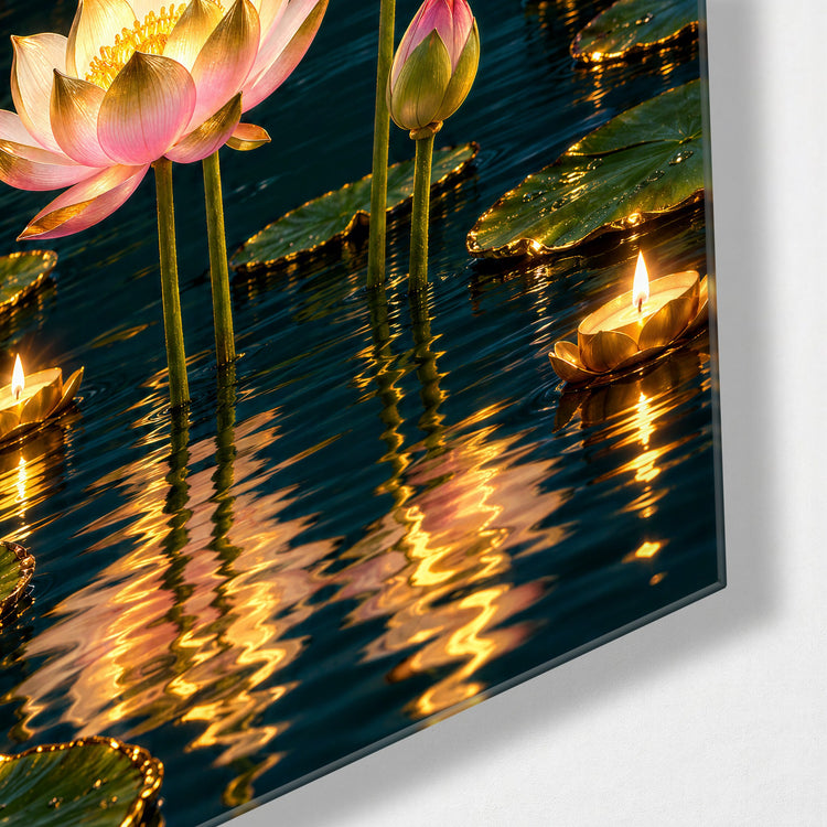 Candles on a Black Pond glass wall art, corner view